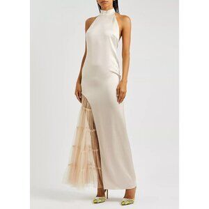 Alice + Olivia Ryn Ryn Slit Tulle-Panel Satin Champagne Maxi Gown 14 NWT $595